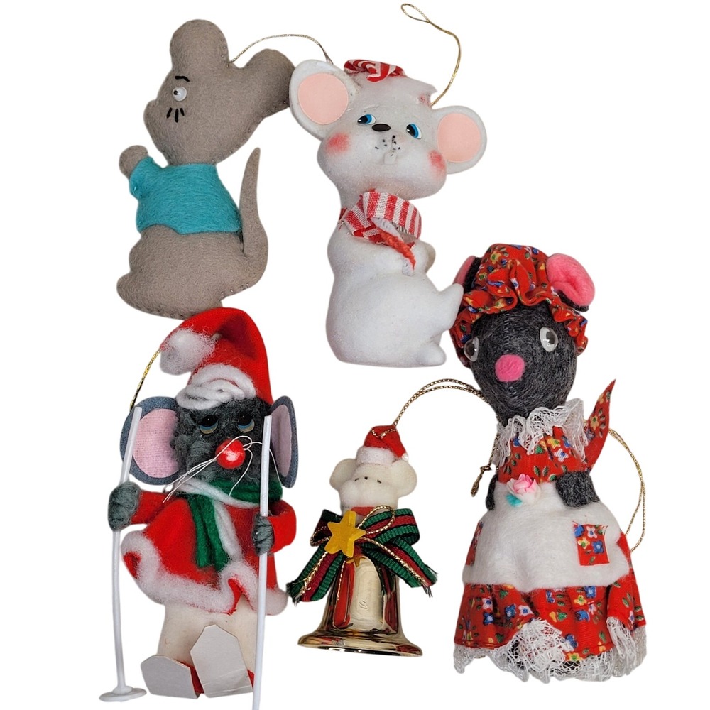Set of 5 Mice Christmas Ornaments Santa Skier Bell‎ Dress Felt